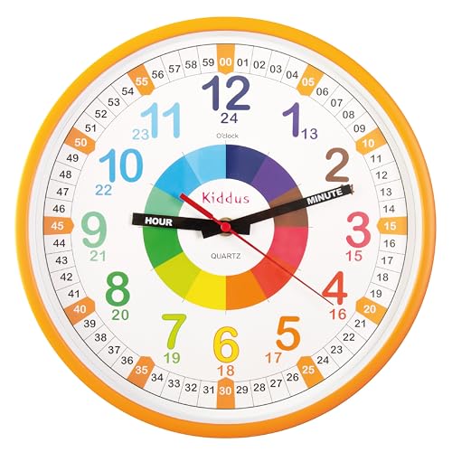 Kiddus Horloge Murale Éducative pour Enfants, Garçon, Fille. Diamètre 30 cm.Time Teacher Analogique avec Exercices. Mécanisme en Quartz Silencieux.