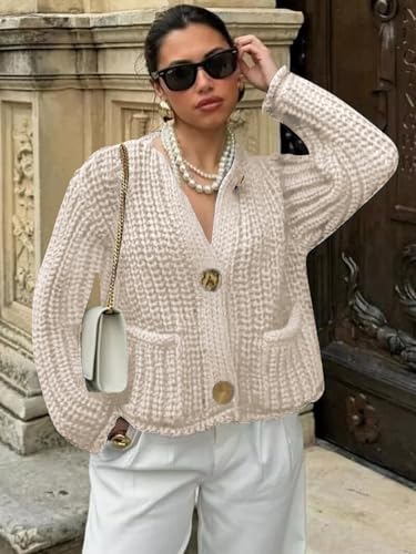 YKR Chunky Knit Cardigan Sweater for Women Long Sleeve Cropped Cardigans Button Down Sweaters with Pockets Beige M4