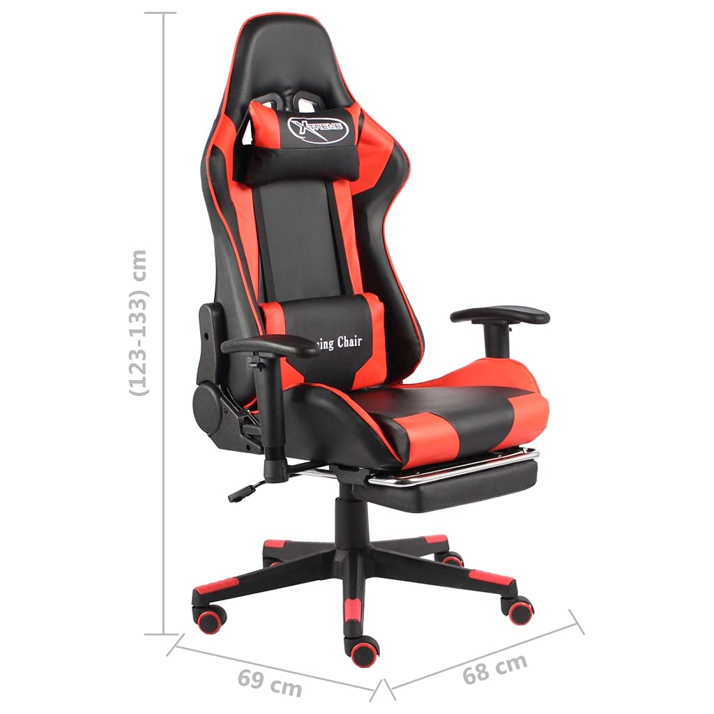 Höhenverstellbarer Gaming-Stuhl mit Fußstütze, Drehbar Rot PVC, hohe Rückenlehne mit 2 Kissen für Kopf und Taille, ergonomisch gepolsterter Sitz, verstellbare Rückenlehne