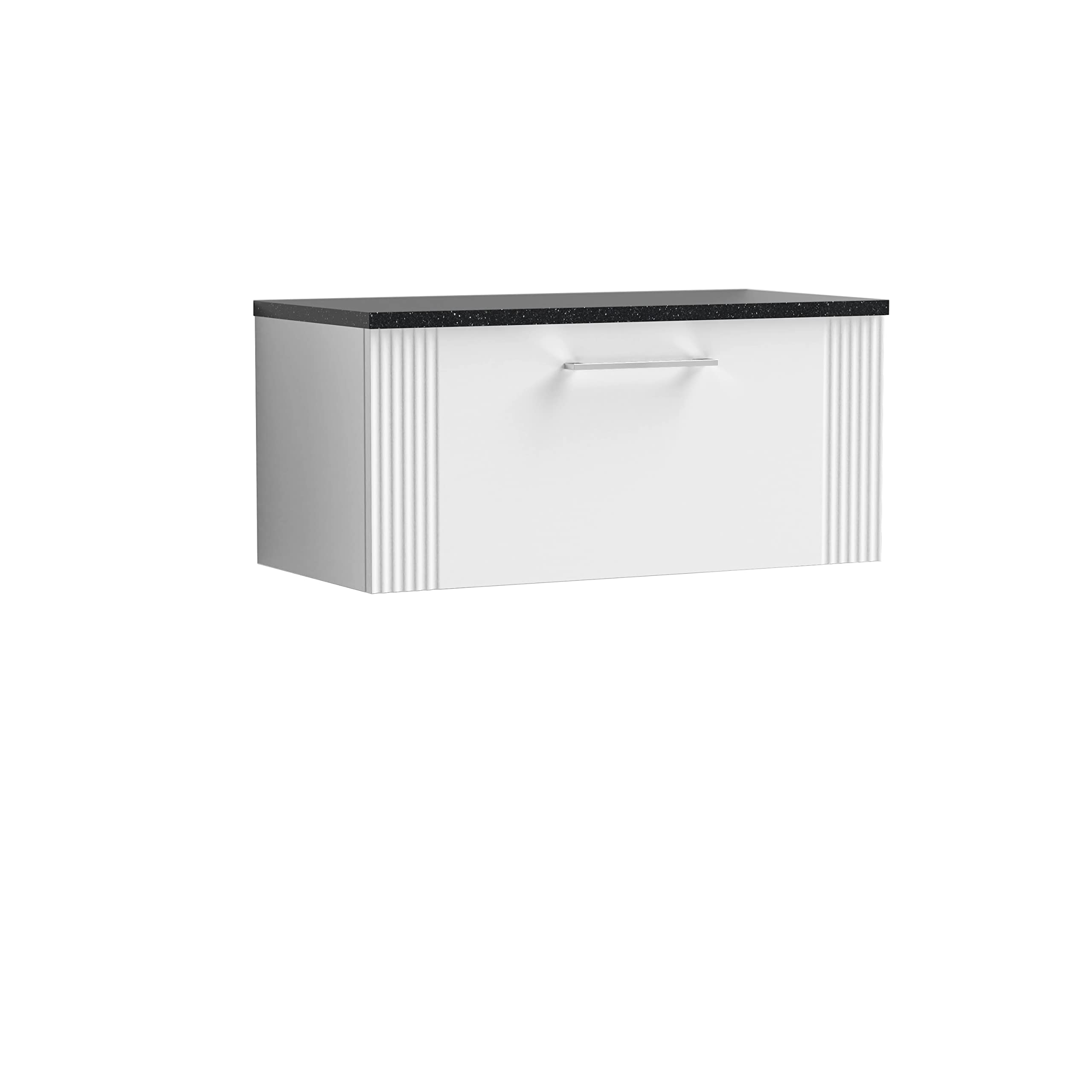 nuie Modern Bathroom Wall Hung 1 Drawer Part Fluted Vanity Basin Unit with Laminate Black Sparkle Worktop, Satin White, 800mm