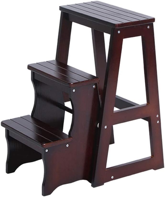 Kitchen Step Stools Folding Ladder 3-Tier Step Stool Wood Adult Foldable Bed Steps for High Beds for Adults Standing Shelf Units 300 lb Capacity (B)