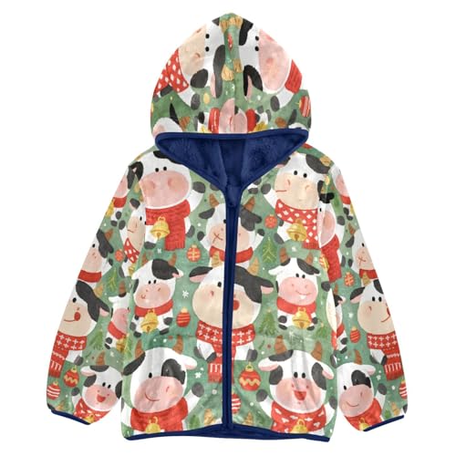 Cute Cow Christmas Pattern Design Toddler Fleece Jacket Girl Boys Hooded Fleece Jacket Coat Warm Outwear Zip-up 3-10T