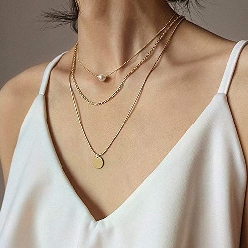 fxmimior 3 Tier Dainty Sequins Gold Pearls Layered Necklace Gold Boho Choker Chain Sequins Pendant Multilayered Necklaces Jewelry Stackable Necklaces for Women and Girls