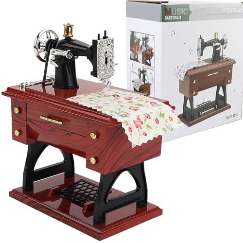Toyiuwa Electric Sewing Machine Mini Music Box, European Crafts Retro Sewing Clockwork Home Crafts Table Decoration Birthday Gift, Brown