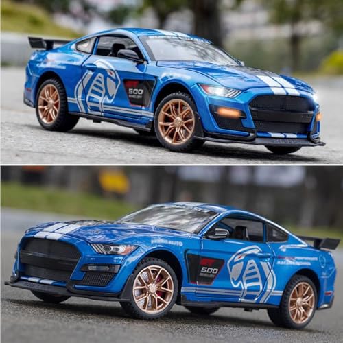 Image of Mustang Shelby GT500 Toy Car Scale Model,Pull Back Vehicles Alloy Simulation Supercar with Lights and Sound Also for Car Dashboard,Kids,Adult (Blue)