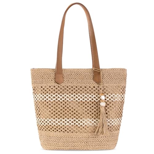 Sommer Stroh Strohtasche Korbtaschen - 2026 Damen Boho Groß Beach Geflochtene Handtasche Vintage Leichte Faltbare Tragetasche mit Reißverschluss für Reisen Einkaufen Urlaub Pendeln (Aa-Braun)