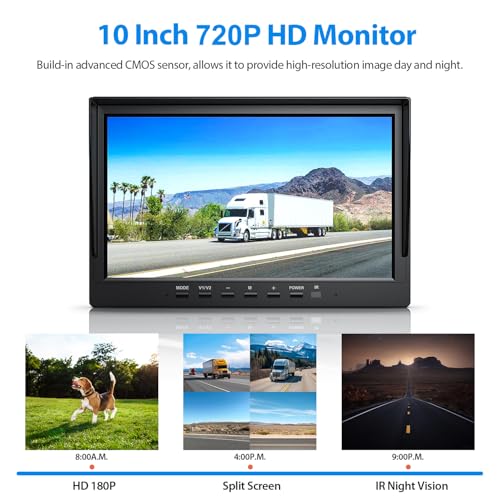 Image of ZEROXCLUB 10 inch HD Backup Camera System Kit, Loop Recording Large Monitor with Wired Rear View Camera, IR Night Vision Waterproof Camera with Safe Parking Lines for Bus, Semi-Truck, Trailer, RV, BY104A