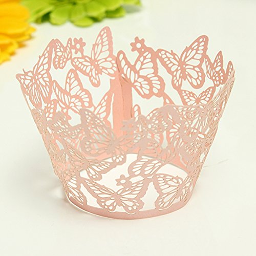 Bakell - Laser Cut Cupcake Wrappers (25pcs, Standard Size) Grease Resistant Wrappers for Desserts, Baking, Caking and Decorating (Pink Butterfly Lace)