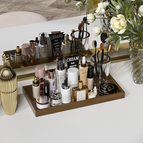 Image of ZHWS Bathroom Vanity Tray for Countertop Perfume Makeup Jewelry Candle Decor, Kitchen Tray for Soap Dispenser Spice Salt, Large Tray for Toilet Tank Paper, Serving Nightstand Brown 13 inchx6.5 inch