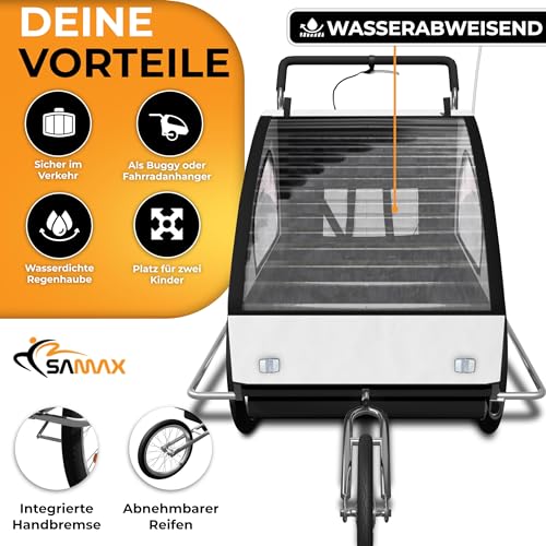 SAMAX Fahrradanhänger Jogger 2in1 Kinderanhänger Kinderfahrradanhänger Transportwagen vollgefederte Hinterachse für 2 Kinder in Weiß/Schwarz - Silver Frame