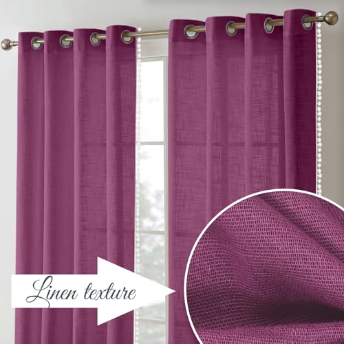 Image of THE LINEN COMPANY Cotton Sheer Grommet Curtains with Side Border Pompom Sheer Curtain for Long Door Linen Textured, Light Filtering, Pack of 2 (Plum, 8 Feet)