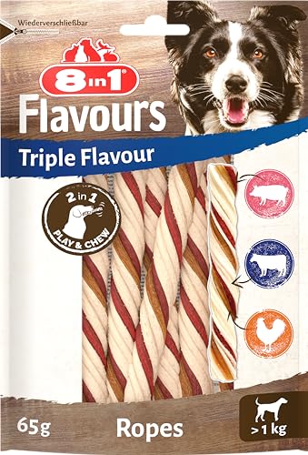 8in1 Triple Flavour Ropes Bastoncini da masticare per cani - Snack da masticare per giocare e masticare con manzo, maiale e pollo, busta da 65 g ca. 6 pezzi