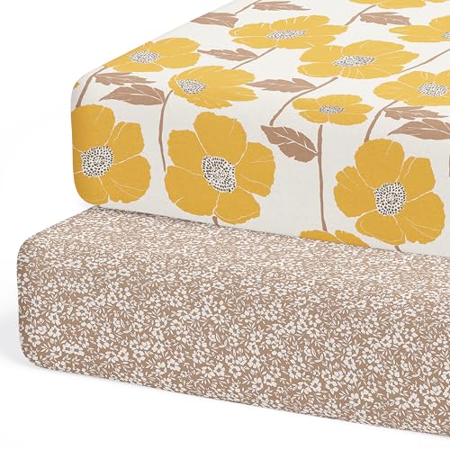 Image of Crib Sheets Neutral - Fitted Baby Crib Sheets Bed for Girl Boy - 2 Pack Standard & Toddler Mattress (Poppy Fields) - Buttery Soft Organic Cotton Blend