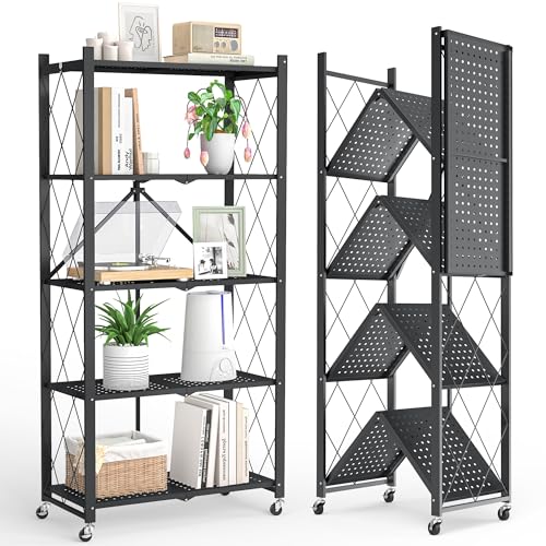 Image of 5-Tier Folding Metal Storage Rack - 63 inch Heavy-Duty Steel Frame with Wheels, No Assembly Utility Organizer, Rolling Shelving Unit for Kitchen, Garage, Pantry, Bedroom (Black, 5 Tier)