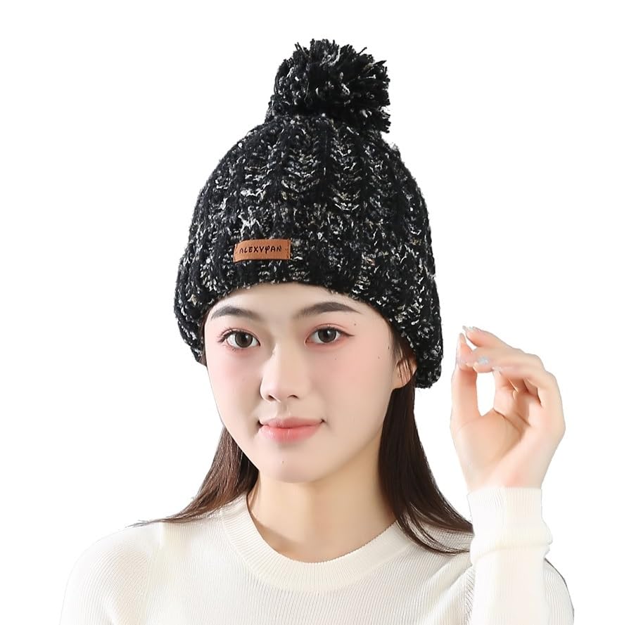 alexvyan Black Winter Warm Snow Proof -20 Degree Knitted Ball Cap (Inside Fur) Woolen Beanie Cap for Ladies Women Girl-picture-27