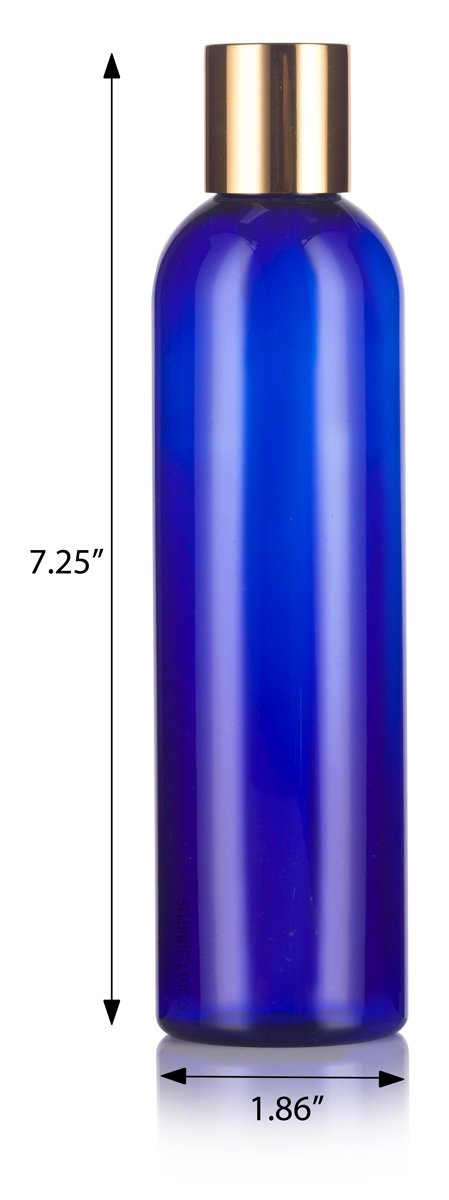 JUVITUS 8 oz Cobalt Blue Plastic Round Slim Bottles with Gold Disc Cap (12 pack) + Labels