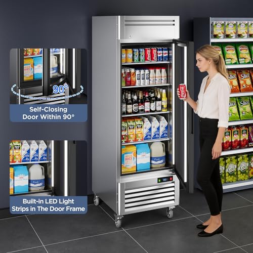 Image of Coolake 27 inch W Glass Door Commercial Display Refrigerator, 23 Cu.Ft Stainless Steel Merchandiser Refrigerator, Reach-In Merchandiser Fridge with Led Lighting for Restaurant Retail Shop Stores