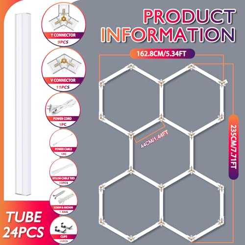 BRILLIHOOD LED Hexagon Garage Lights, 24 Pack Car Garage Light Tubes, 192W, 23040LM, 6500K Super Bright, 5 Grid Systems Car Detailing LED Hex Light for Warehouse Workshop Basement Gym by BRILLIHOOD - Used condition - Image 2