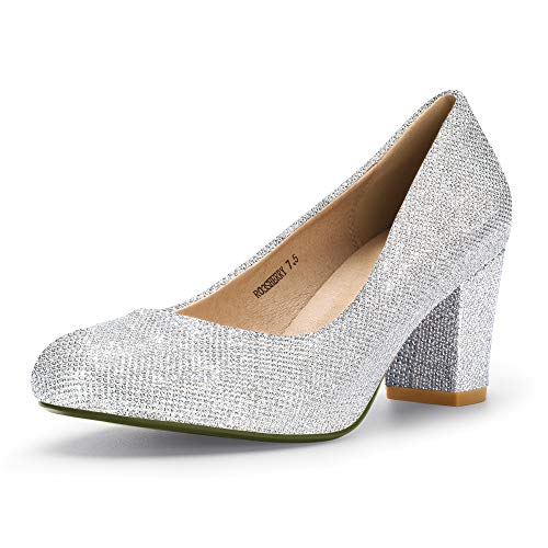 IDIFU Women's Sherry Dress Block Heels Pumps Closed Round Toe Wedding Bride Shoes (9 M US, Silver Glitter)
