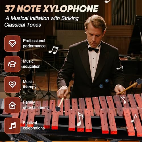 Image of 37-Note Xylophone Wooden Xylophone Professional Marimba Glockenspiel with Adjustable Stand - Premium Musical Instrument Includes 4 Mallets, Hand Bell & Bag