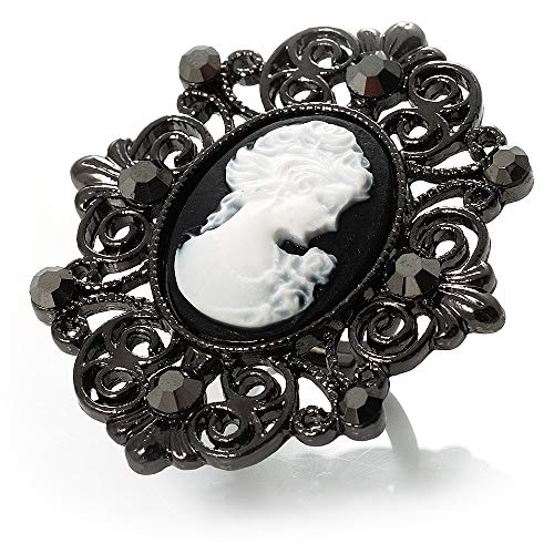 Avalaya Bague de cocktail surdimensionnée en filigrane noir avec camée de cristal / ton noir / réglable / 50 mm de haut, taille unique, Métal, Cristal