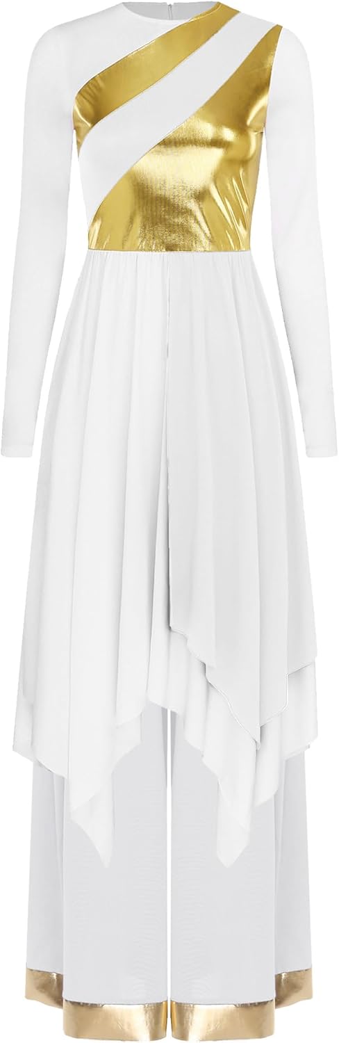 JEATHA Women Metallic Long Sleeve Praise Dance Overlay Tunic with Wide Leg Loose Pants Liturgical Dancewear