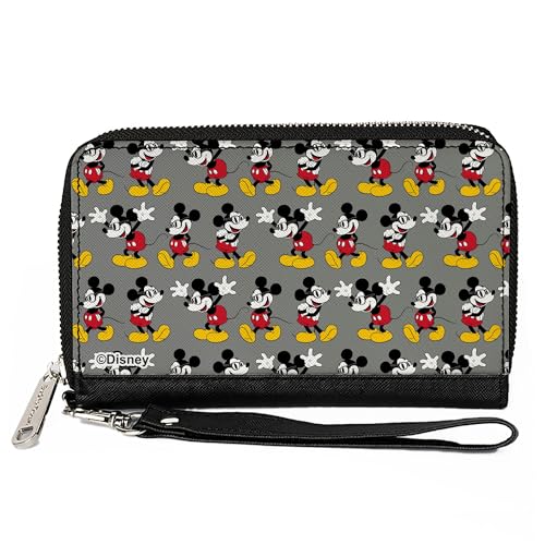 Buckle-Down Disney Wallet, Zip Around, Nerdy Mickey Mouse 3 Pose Stripe Gray, Vegan Leather