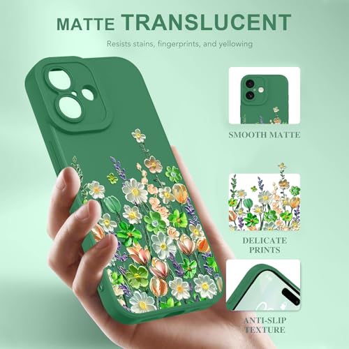 Image of Designed for iPhone 17 Case Floral for Women Girls, Green | Cute Oil Painting Flower Pattern Liquid Silicone Phone Case [Full Camera Protection] Slim Soft TPU Protective Cover