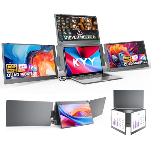 KYY Laptop Screen Extender for Laptop, 15.6' Quad Portable Monitor, 1080P Triple Screen Laptop Monitor Extender, One Cable Connection, Alloy Body, Auto Rotation, for 12–17.3” Laptops, X90G