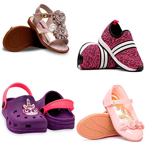 Kit com Sandália de Flor Dourada, Tenis Jogging Rosa, Babuche Unicórnio Roxo e Sapatilha 205 Rosa -