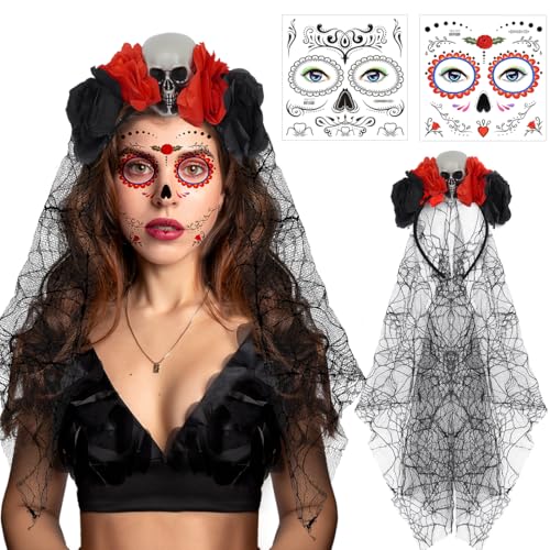 Diadema Día de los Muertos y Halloween para Mujer - Flores Mexicana (Velo, Calavera y Flor Roja Negra), Diadema de Calavera con Flores para Carnavales