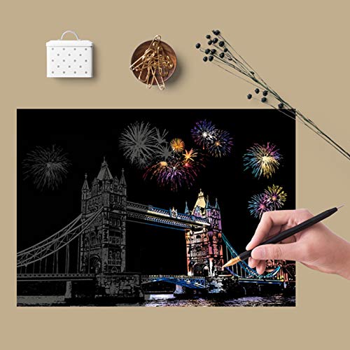 Scratch Art Rainbow Painting Paper(A4), DIY Crafts Womens Hobbies, Engraving Art Scratchboard for Kids & Adults Scratch Painting Christmas Birthday Creative Gift Set: 4 Sheets (Classic Architecture)