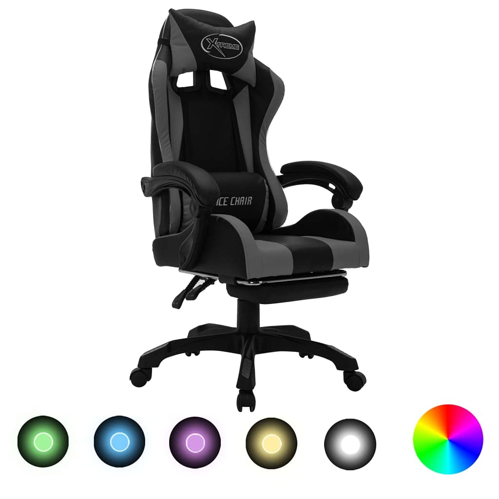 vidaXL Silla Gaming con Luces LED RGB Giratoria Asiento Sillón Escritorio Videojuegos Despacho Oficina Ordenador Cuero Sintético Gris y Negro