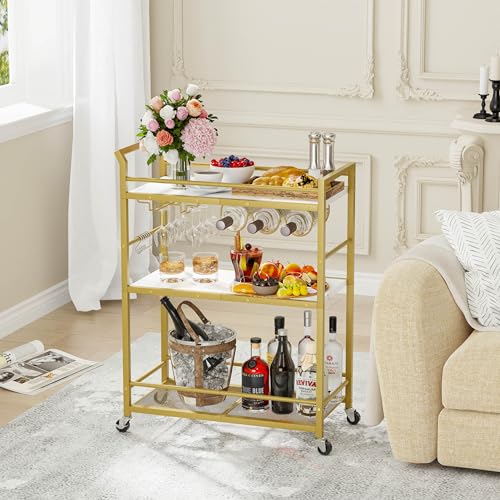 Image of 3 Tier Bar Cart, Small Beverage Cart, Mini Bar Cart with Wine Rack, Compact Mini Bar Cart - Please Refer to the Exact Dimensions for Usage Matching Dimensions: 22 inch W x 13 inch D x 35.8 inch H GBC507G