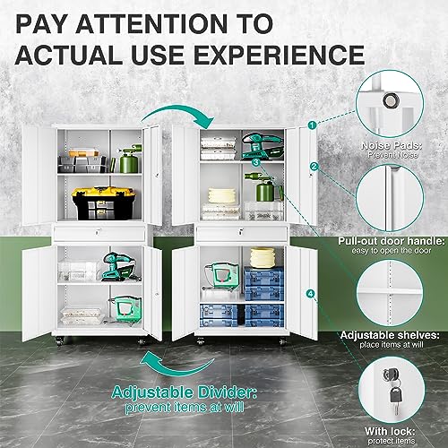 Image of SISESOL White Metal Storage Cabinet with Wheels and Drawer,Rolling Garage Cabinet with Locking Doors and Adjustable Shelves,73 inch Mobile Tall Large Metal Cabinets for Home,Office,Garage,Shop