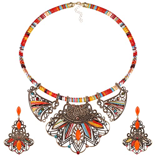 LUOEM Mode à la main ethnique ensemble bavoir collier boucles d'oreilles multicolore Boho déclaration Vintage bijoux pour les femmes bijoux (coloré)