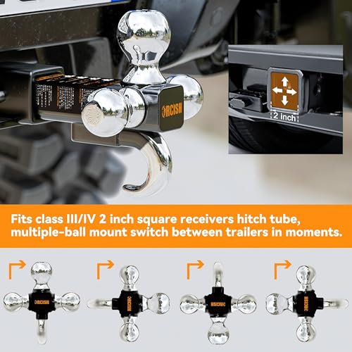 Image of ORCISH Trailer Hitch Tri-Ball Mount with Tow Hook & Pin, Chrome Trailer Ball Sizes 1-7 /8 inch, 2 inch & 2-5 /16 inch, Fit 2 Inch Hitch Receiver, 10,000 LBS Max Towing Capacity for RVs, SUVs, ATVs & Trucks