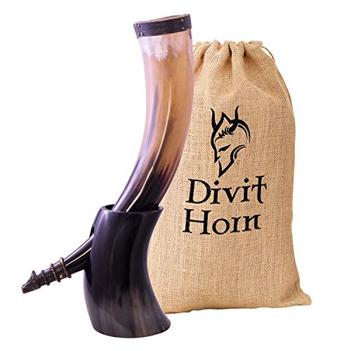 Divit - Cuerno para Beber con Soporte de Hierro, auténtico Cuerno Medieval para Beber Cerveza | Adornos de latón y Saco de Regalo de arpillera Incluido | Capacidad de 16 oz (400-500 ml)
