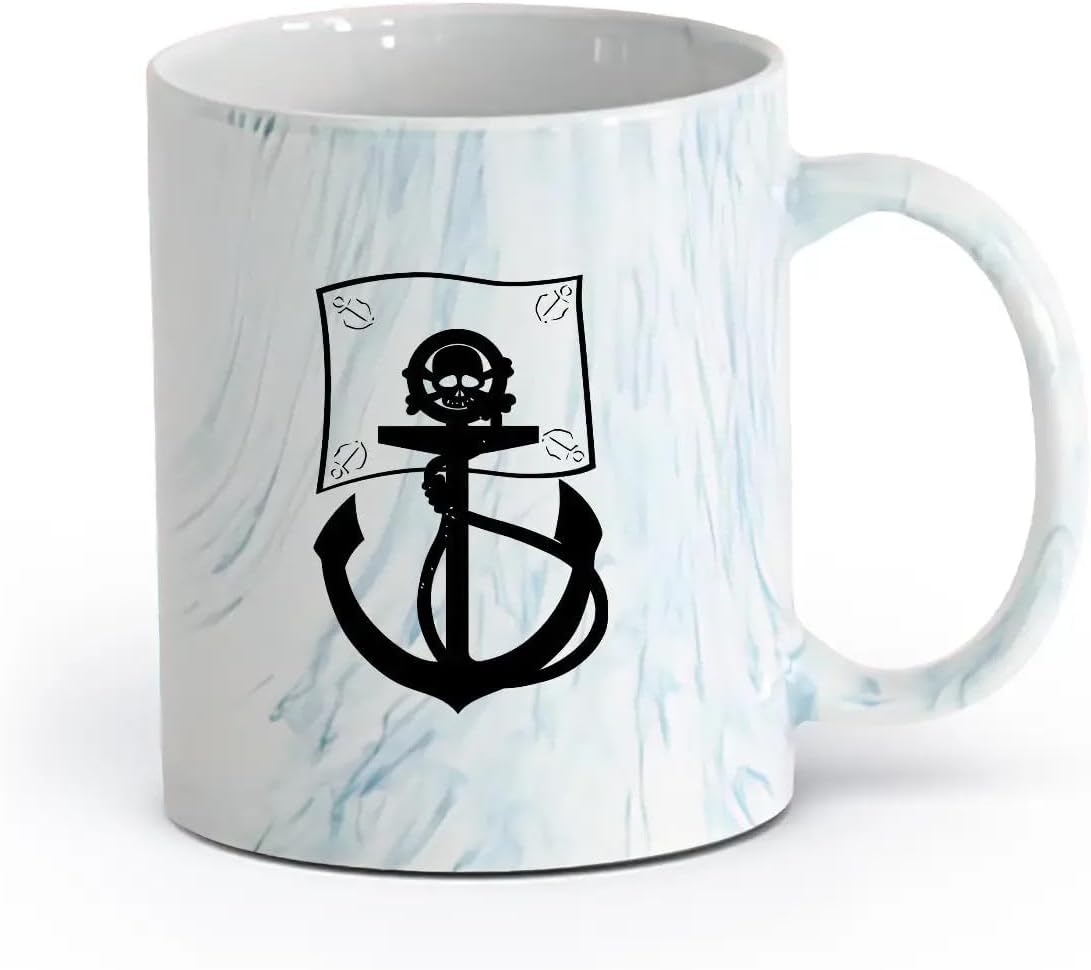 Ceramics Mug, Coffee/Tea Cup Cartoon Pirate Flag Sea Bandits Anchor Skull Bones （11oz/320ml） for Home and Office Marble Blue