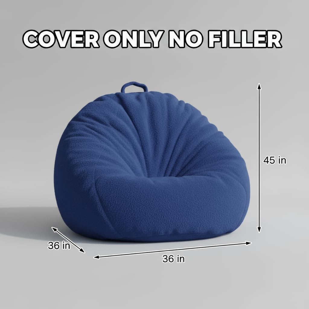 Faux Rabbit Fur Bean Bag Chair Cover Only (No Filler), Stuffed Animal Storage Bean Bag Cover, Ultra‑Soft, Washable, Zippered, Non‑Slip Bottom, Handle,Living Room Furniture for Adults Blue