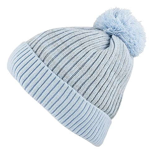 Kids Knit Daily Pom Beanie Hat with Thick Fleece Lining for Boys and Girls Versatile Winter Warm Cozy Skull Hats for Children (Sky Blue)