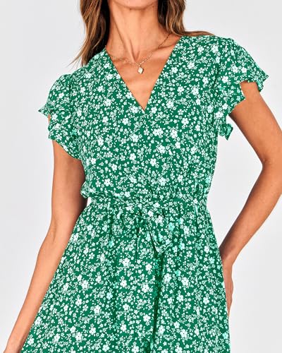 Image of BTFBM Women Summer Bohemian Floral Casual Wrap V Neck Ruffle Cap Sleeveless Belt A-Line Pleated Hem Midi Sun Dress White