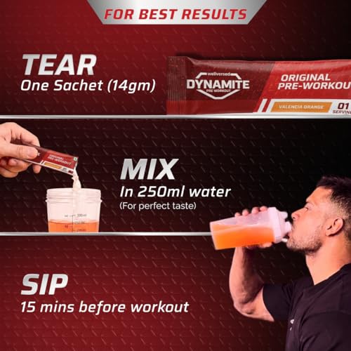 Image of Dynamite Original Pre-workout Sachets (Pack of 8, Assorted Flavours) | Instant Energy Boost & Pump for Workouts | 200mg Caffeine | 6500mg Citrulline Complex | Pre-Workout Supplement for Men & Women - 112g