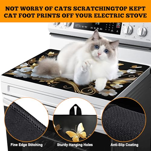 Image of Multi-Design Stove Top Cover for Glass /Electric Stoves - 3-in-1 Heat-Resistant Protector Mat, Non-Slip Drying Rack 28 inchx20 inch (Butterfly-Flower)
