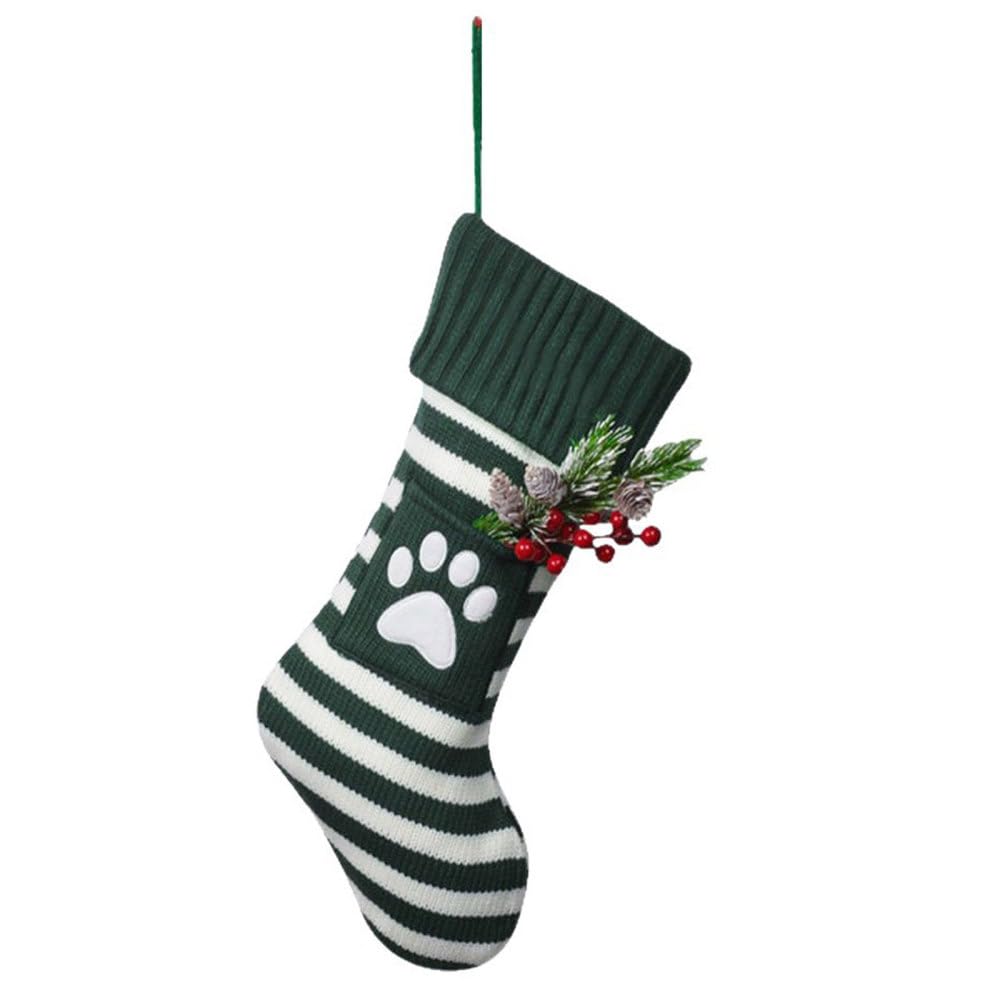 Mioyoow Green Paw Prints Pet Christmas Knit Stocking, Red & White Striped Knit Holiday Sock With Hanging Loop Custom Fireplace Hanging Stockings For Home Christmas Party Decorations