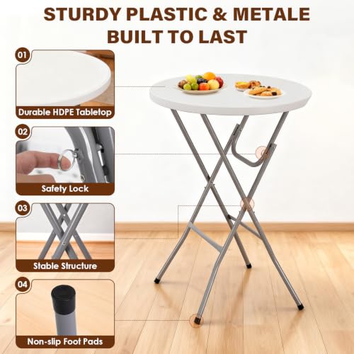 Image of BestOffice 32 inch Round 43 inch Bar Height White Granite Plastic Folding Table, Portable Commercial Cocktail Table for Wedding Party Outdoor, White