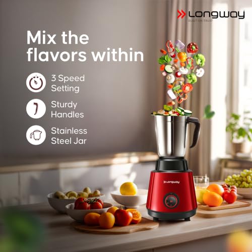 Image of Longway Super Pro Mixer Grinder with Kwid 1100W Dry Iron | Up to 700 Watt Powerful Motor | 2 Years Warranty (Red Wine & Black, 3 Jars Combo)