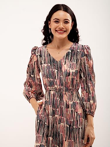 Image of AASK Abstract Printed Puff Sleeve Gathered Detailed Fit Flare Dress
