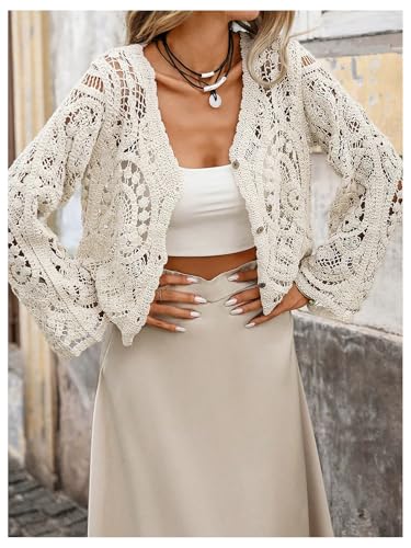 GORGLITTER Women's Boho Cardigan Crochet Lightweight Sheer Long Sleeve Button Up Fall Trendy 2025 Kimono Top2