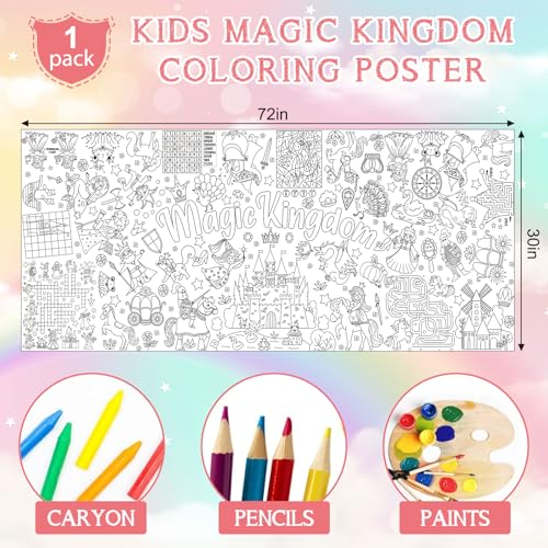 Image of Magic Kingdom Giant Coloring Poster for Kids 30 x 72 Inch, Princess Large Coloring Poster Tablecloth, Fairy Themed Color-in Activities Games for Kids School Classroom Home Party Supplies Decorations